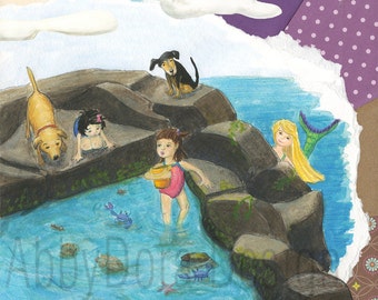 Tide Pool, Girls, Dogs, Mermaid, Crabs, Shells, Sea, Ocean, Aquamarine, Purple, Children's Art, Print