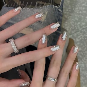 Handmade Silver Short Press On Nails | Hand Painted Minimalist Nail Set | Elegant Square Fake Nails for Women,gift for her