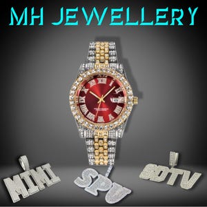 May include: A luxury watch with a red face, gold accents, and a diamond-encrusted bezel. The watch is paired with three diamond-studded pendants spelling out "MIMI", "SPU", and "SDTV". The image also features the text "MH JEWELLERY".