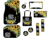 Monogrammed Car Accessories Set, Car Mats, Keychain, License Plate Frame, Personalized Coasters, Seat Belt Cover, Seat Bag, Sunflower