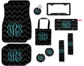 Monogrammed Car Accessories Set, Car Mats, Keychain, License Plate Frame, Personalized Coasters, Seat Belt Cover, Seat Bag, Chevron
