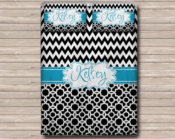 Twin xl Moroccan Chevron Black /& Turquoise REVERSIBLE Personalized Monogram Soft Duvet Cover OR Comforter or King Toddler Twin Queen