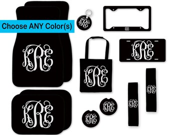 Monogrammed Car Accessories Set, Car Mats, Keychain, License Plate Frame, Personalized Coasters, Seat Belt Cover, Seat Bag, Solid