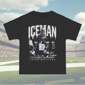 May include: Black t-shirt featuring a football player with the text "ICEMAN" in a distressed font. The image includes the player's name, "Caleb Williams," and his signature. The background shows a stadium.