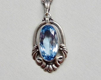 Pendentif vintage Art nouveau en argent 835, pierre précieuse spinelle bleu clair (n° 1739)