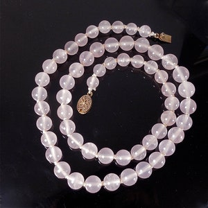 Vintage Chinese Export Pink Rose Quartz 1970s Bead Necklace with Silver Filigree Clasp No. 1402 image 1