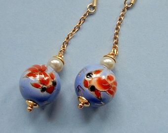 Vintage Chinese Blue and Pearl Koi Fish Sterling Vermeil Earrings (No. 1565)