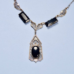 Vintage Art Deco Chromium Faux Onyx Black Glass Lavaliere Pendant (No. 1706)