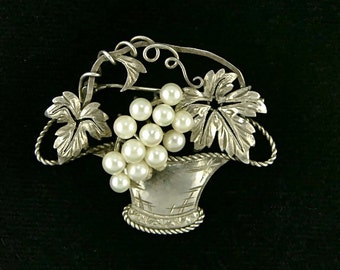 Rare Antique Japanese Pearl and Sterling Silver Basket Brooch (No. 591)