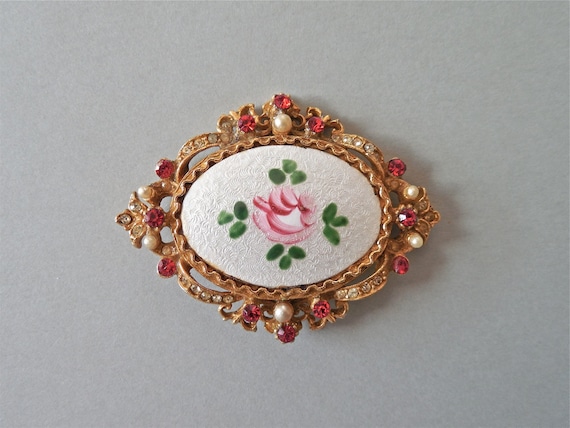 ART Guilloche Enamel Rose Victorian Revival Pin (No. 579)