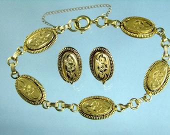Gold Filled Engraved Pansy Victorian Revival Bracelet and Earrings Set (No. 1130)