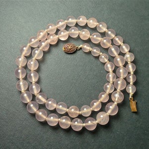 Vintage Chinese Export Pink Rose Quartz 1970s Bead Necklace with Silver Filigree Clasp No. 1402 image 2