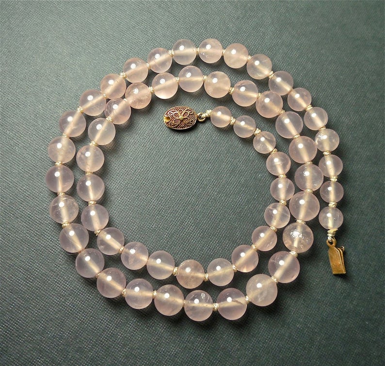 Vintage Chinese Export Pink Rose Quartz 1970s Bead Necklace with Silver Filigree Clasp No. 1402 image 2