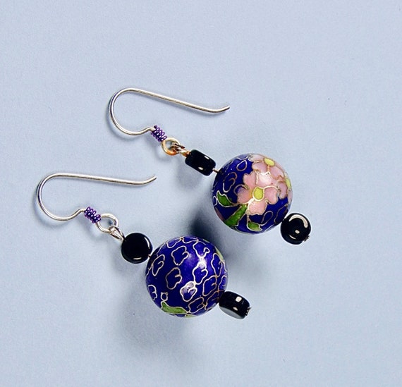 Blue Pink Chinese Cloisonné Earrings with Cobalt … - image 3