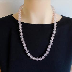 Vintage Chinese Export Pink Rose Quartz 1970s Bead Necklace with Silver Filigree Clasp No. 1402 image 3