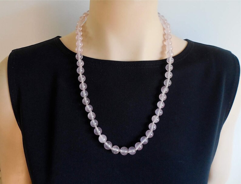 Vintage Chinese Export Pink Rose Quartz 1970s Bead Necklace with Silver Filigree Clasp No. 1402 image 3