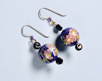 Blue Pink Chinese Cloisonné Earrings with Cobalt Blue Glass Earrings (No. 1555).