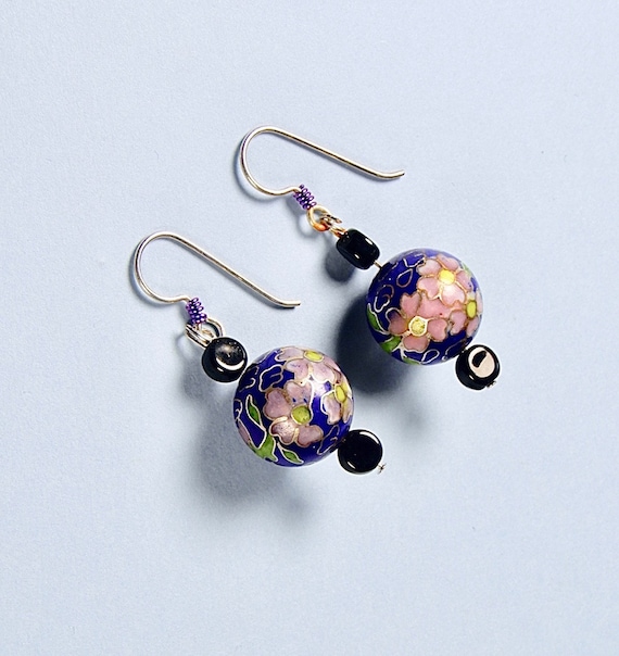 Blue Pink Chinese Cloisonné Earrings with Cobalt … - image 1