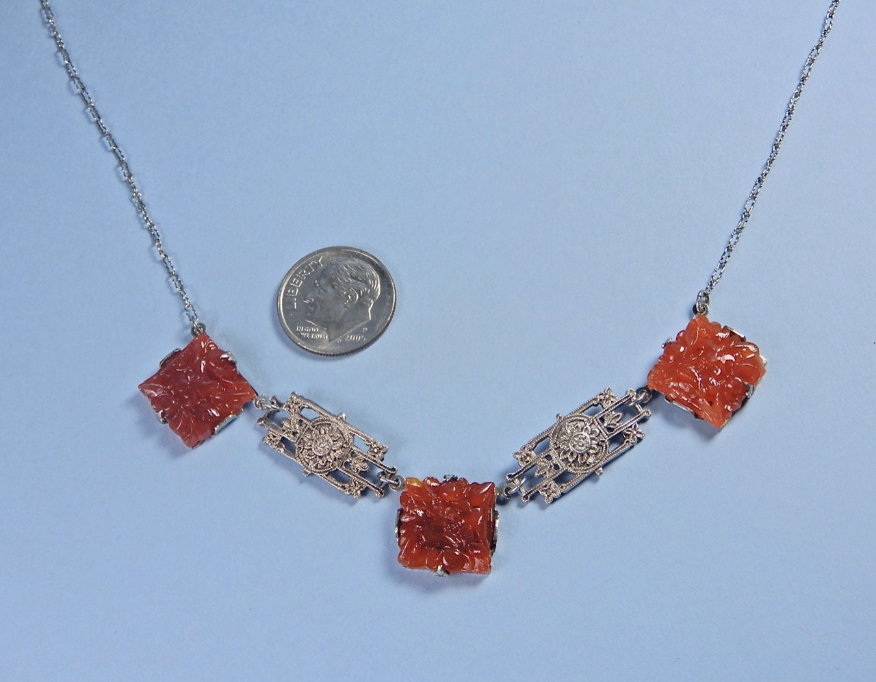 Antique Art Deco Carved Carnelian Sterling Filigree Choker Necklace on ...