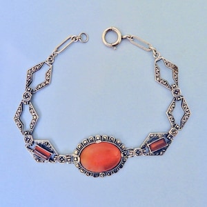 Vintage Art Deco Carnelian Sterling Marcasite Bracelet (No. 1734)