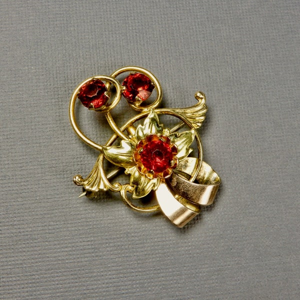 Vintage 1940s Retro Harry Iskin Red Rhinestone 12k Gold Filled Pin Pendant (No. 1631)