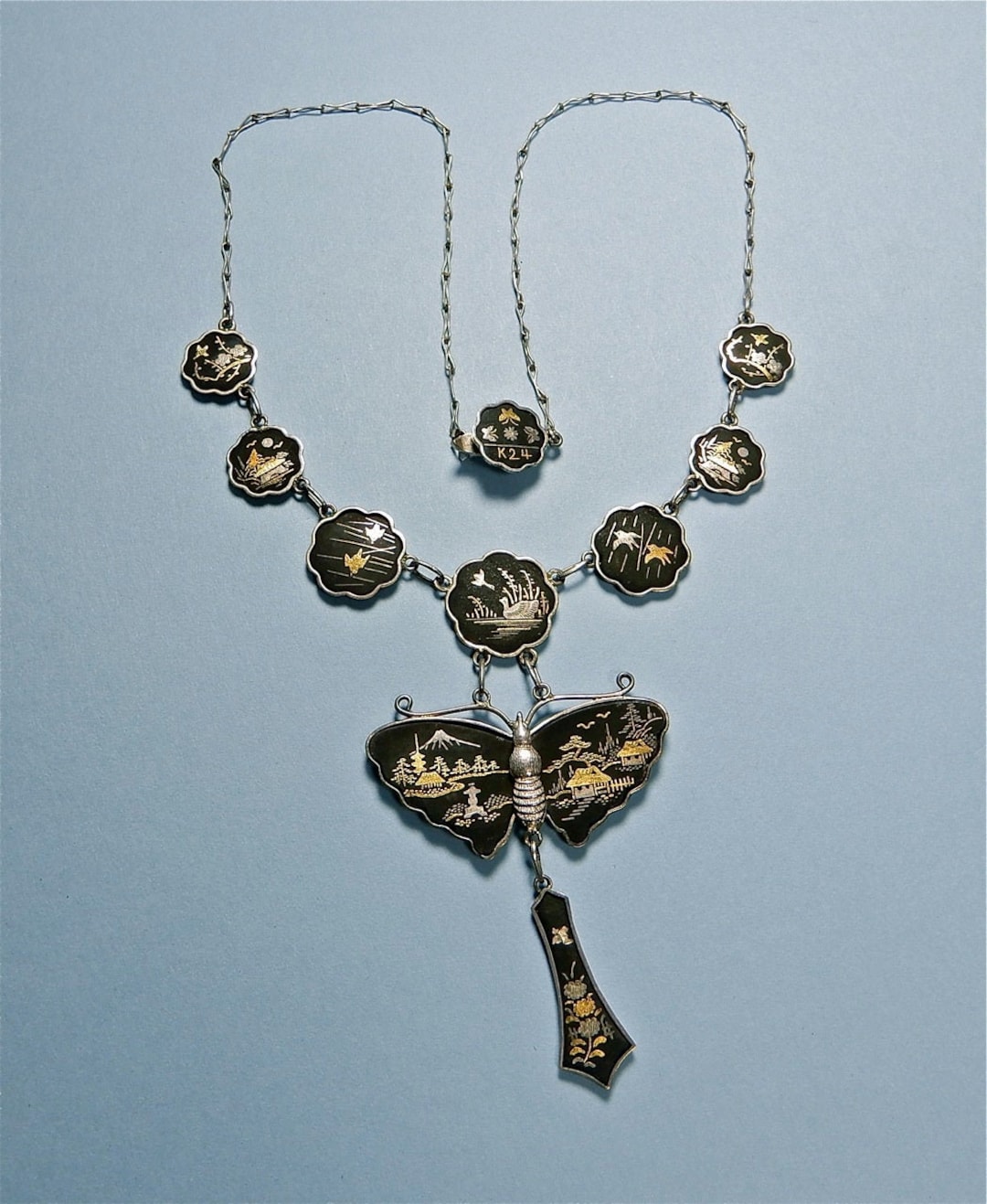 Vintage Japanese Signed Fujii Damascene Company Silver Butterfly