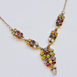 Vintage 90s Sterling Multi Gemstone Moonstone, Amethyst, Garnet, Citrine, Pearl and Peridot Pendant Necklace (No. 1619)