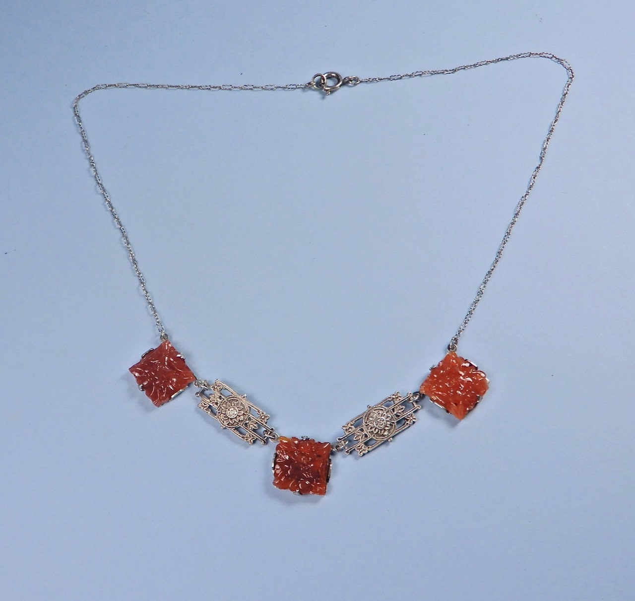 Antique Art Deco Carved Carnelian Sterling Filigree Choker Necklace on ...