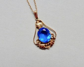 Vintage Van Dell 1940s Gold Filled Blue Glass Pendant (No. 1736)