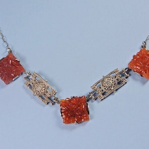 Antique Art Deco Carved Carnelian Sterling Filigree Choker Necklace on ...