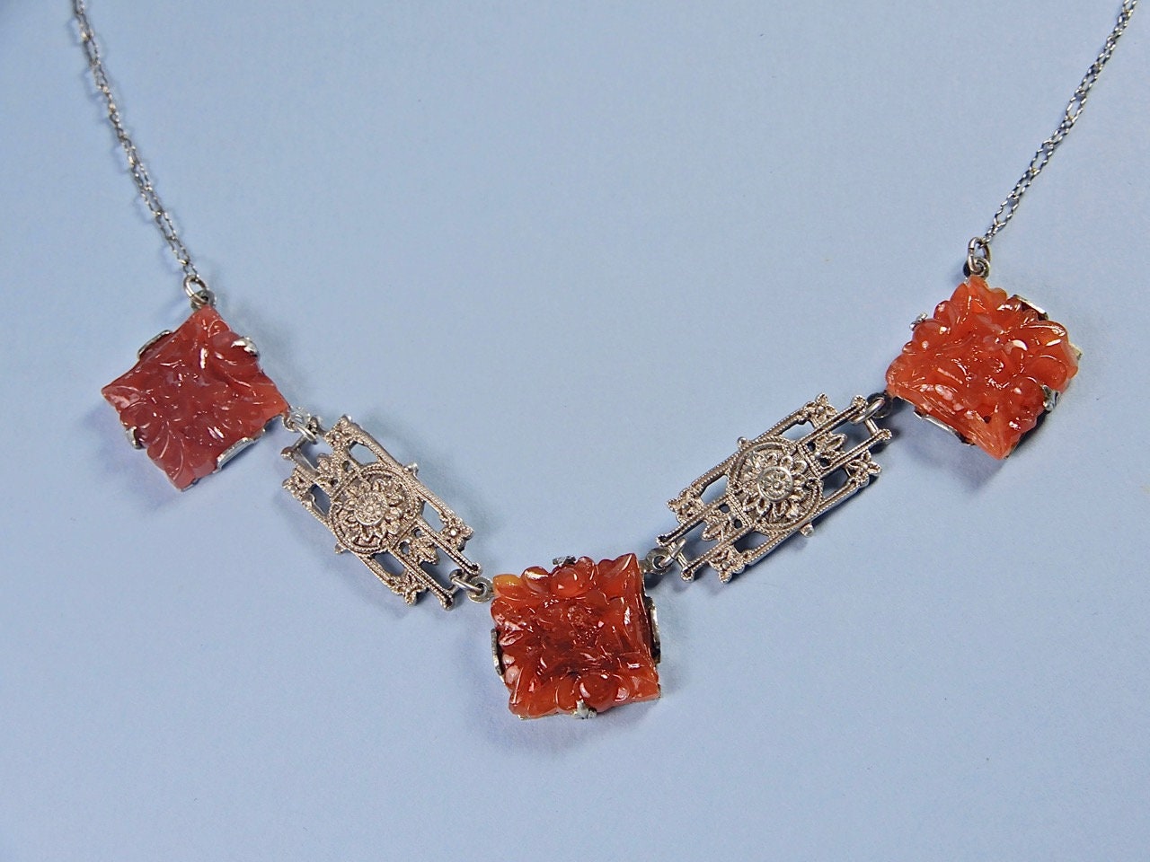 Antique Art Deco Carved Carnelian Sterling Filigree Choker Necklace on ...