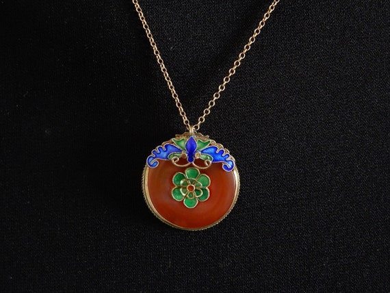 Vintage Chinese Enamel Carnelian Silver Vermeil Pendant With Chain no. 1635  - Etsy