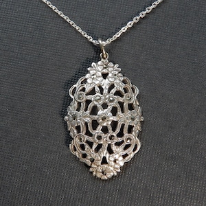Vintage Sterling Marcasite Floral Shield 1930s Pendant Necklace (No. 1599)