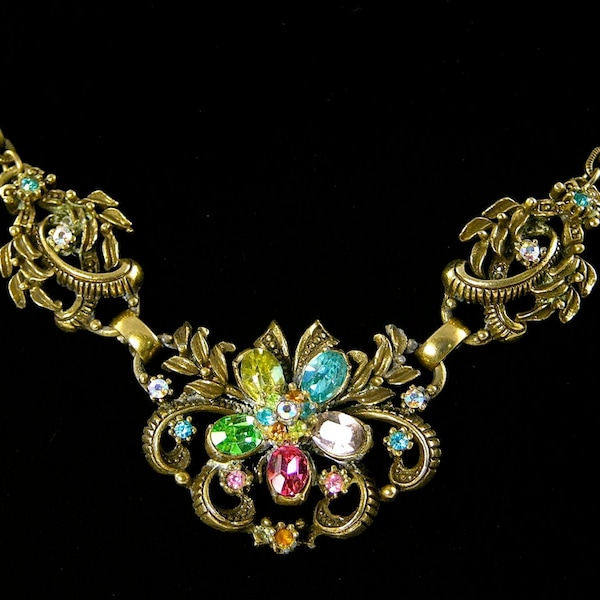 Coro Multicolored Pastel Rhinestone Antiqued Choker Necklace (No. 1136)