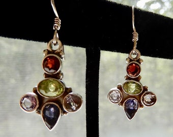 Vintage Multi Gemstone 925 Garnet, Amethyst, Peridot, Tanzanite Earrings (No. 1663)