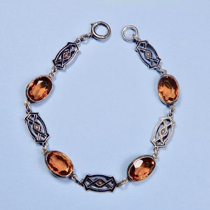 Pulsera antigua de eslabones de piedra de vidrio amarillo con esmalte de ley Art Déco (No. 1722)