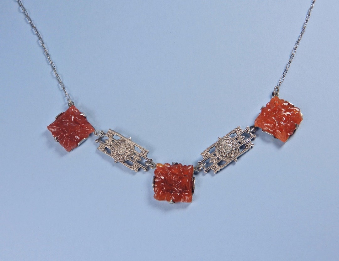 Antique Art Deco Carved Carnelian Sterling Filigree Choker Necklace on ...