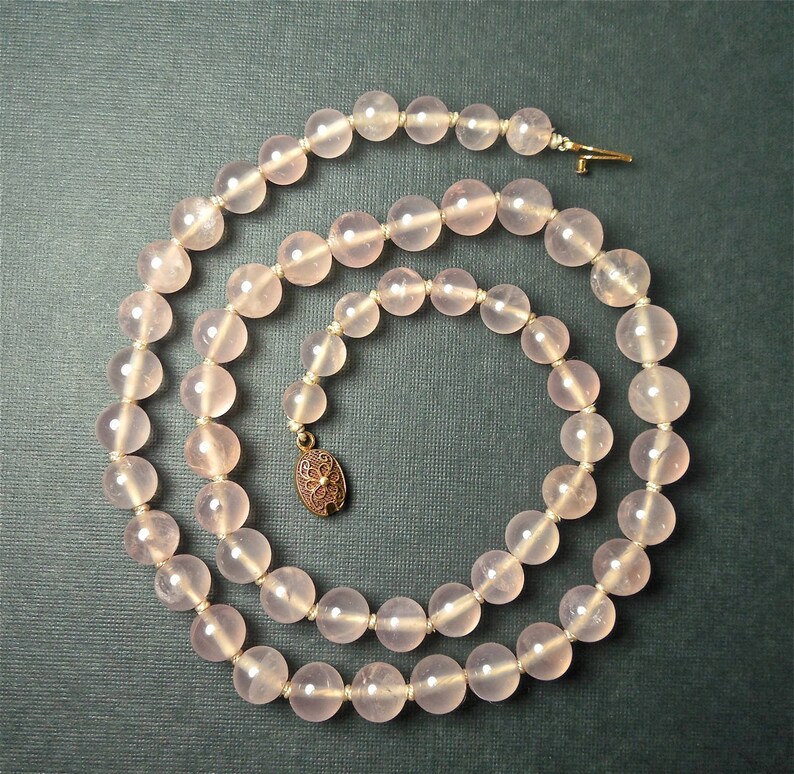 Vintage Chinese Export Pink Rose Quartz 1970s Bead Necklace with Silver Filigree Clasp No. 1402 image 5