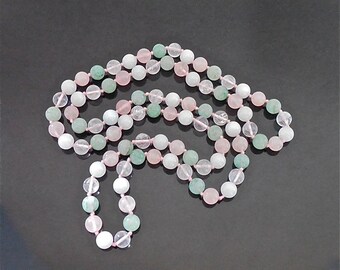 Pastel Pink Quartz, Green Aventurine and White Quartz Bead Necklace 32 Inches (No. 1408)