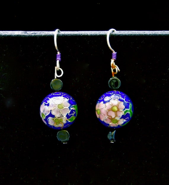 Blue Pink Chinese Cloisonné Earrings with Cobalt … - image 2