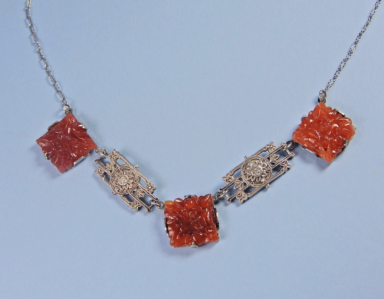 Antique Art Deco Carved Carnelian Sterling Filigree Choker Necklace on ...