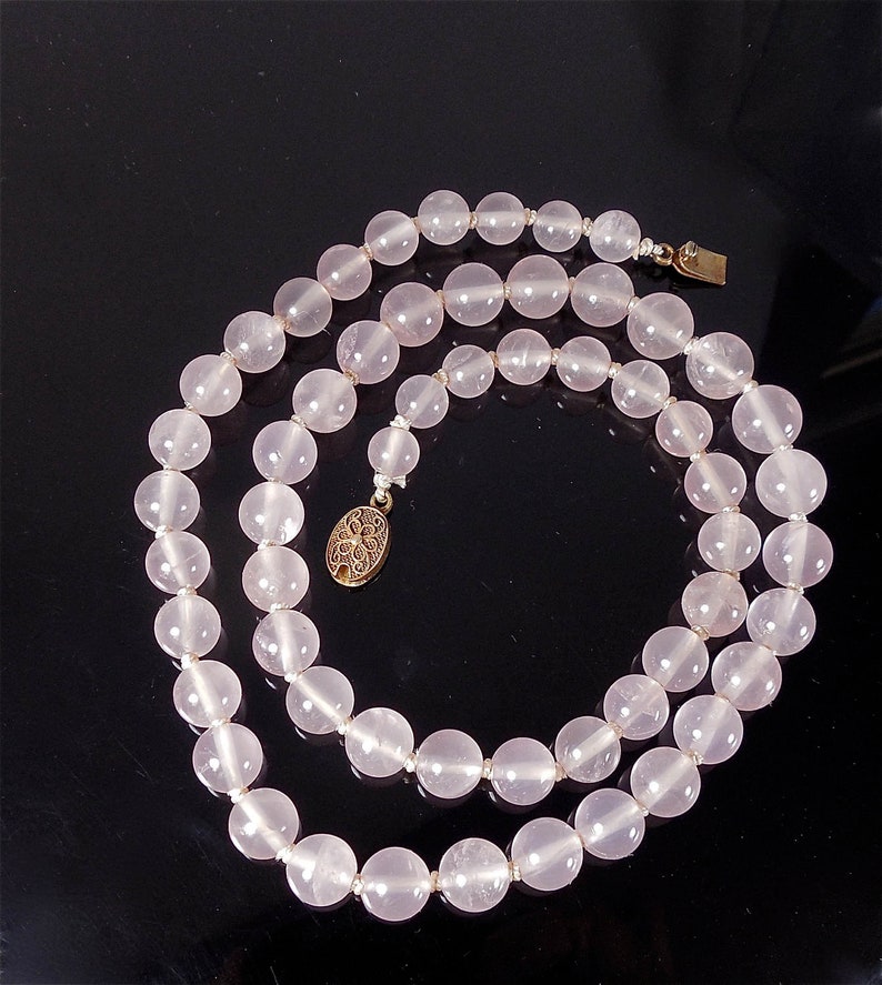 Vintage Chinese Export Pink Rose Quartz 1970s Bead Necklace with Silver Filigree Clasp No. 1402 image 1