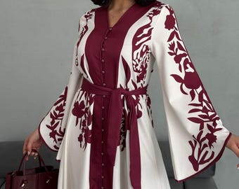 Dikke Atlas maxi-jurk, bescheiden hijab-vriendelijke jurk, halslijn met riem, mendhi-mouwen, uitlopend, knoop voorkant, bruiloft, verloving, feestoutfit