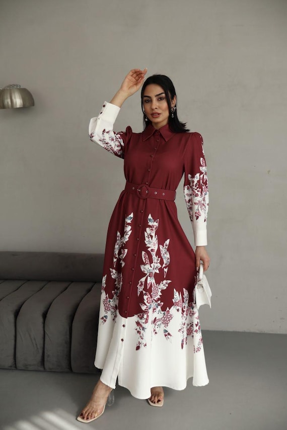 Modest Bordeaux Floral Atlas Long Dress Belted, Full Buttoned, Non-see Through, Hijab Friendly, Party - Etsy Modest Bordeaux Floral Atlas Long Dress Belted, Full Buttoned, Non-see Through, Hijab Friendly, Party - Etsy
