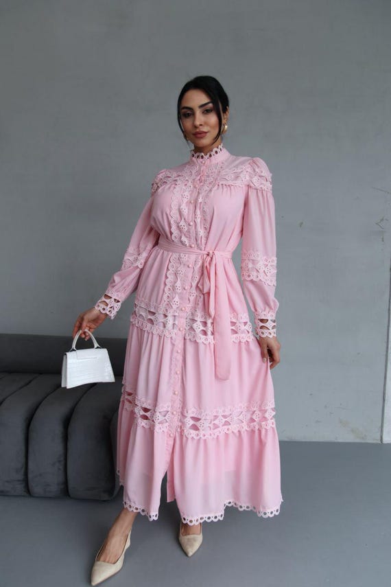 open lace back dress Pink Georgette Dress Floral Party Wear Maxi Dress – Shinisha main image 1