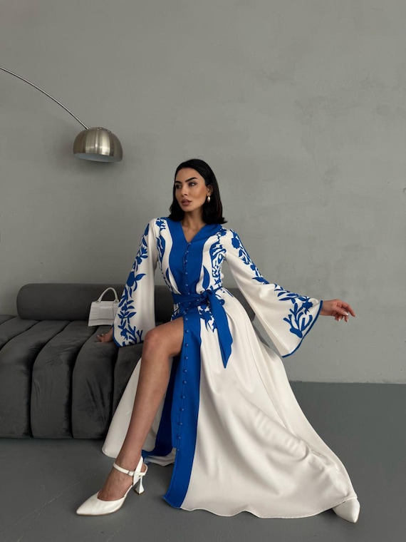 Blue Atlas Maxi Dress, Modest Hijab Friendly Gown, Belted Neckline, Mendhi Sleeves, Flared, Front Button, Wedding, Engagement, Party Outfit - Etsy Israel Blue Atlas Maxi Dress, Modest Hijab Friendly Gown, Belted Neckline, Mendhi Sleeves, Flared, Front Button, Wedding, Engagement, Party Outfit - Etsy Israel