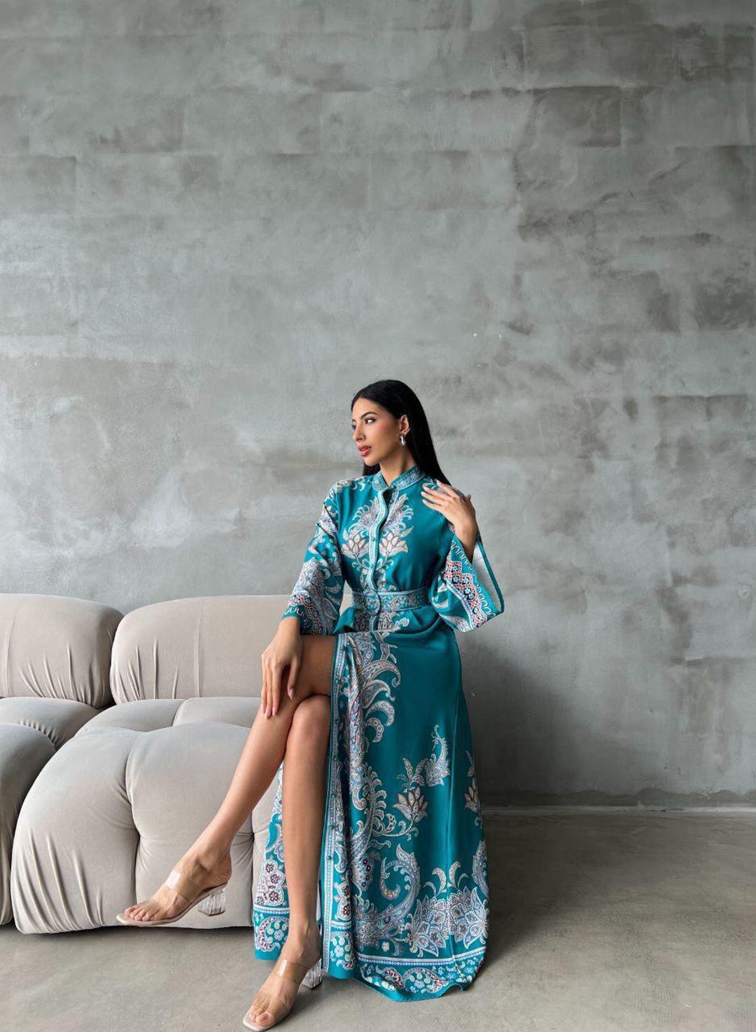 Modest Green Thick Satin Dress With Belt, Fully Buttoned Angel Sleeve ...