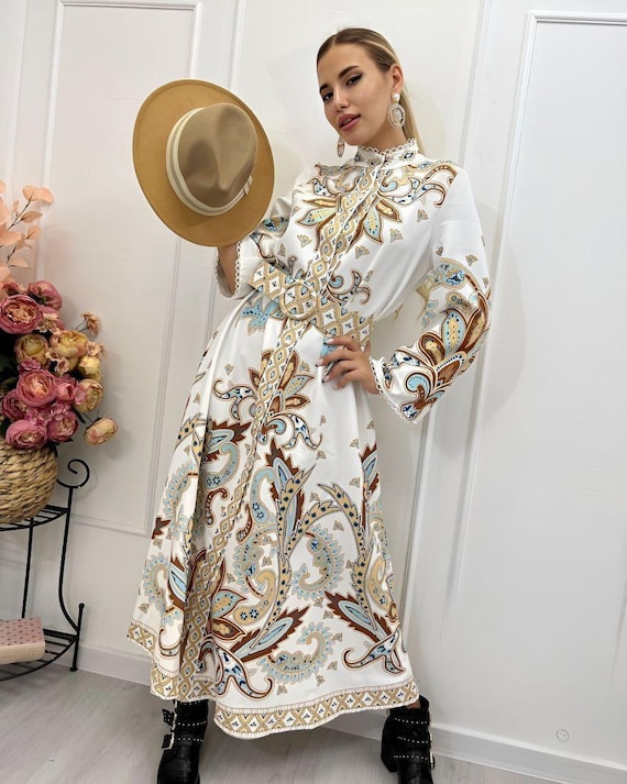 Thick Satin Modest Long Dress Gown, Non-See-Through, Belted, Full Button Front, White Floral Print, Wedding Engagement Party Evening Outfit Thick Satin Modest Long Dress Gown, Non-See-Through, Belted, Full Button Front, White Floral Print, Wedding Engagement Party Evening Outfit
