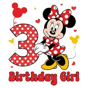 May include: A cartoon illustration of Minnie Mouse in a red polka dot dress and bow, holding a large number 3. The words "Birthday Girl" are written in red below. Red hearts and yellow Mickey Mouse head balloons decorate the background.