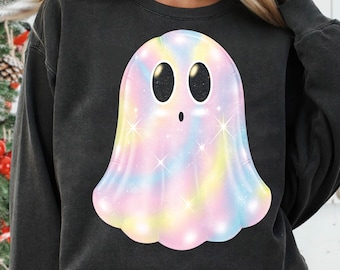 Iridescent Ghost Pumpkin Shirt Png, Coquette Aesthetic Halloween Design, Cute Girly Ghost T-Shirt Png, Sparkly Pastel Halloween Kawaii Ghost